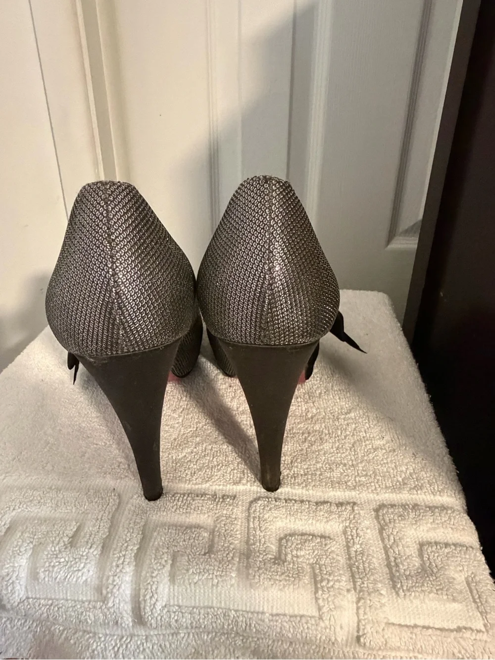 Paris Hilton Silver Metallic Peep-Toe Heels with Black Bow